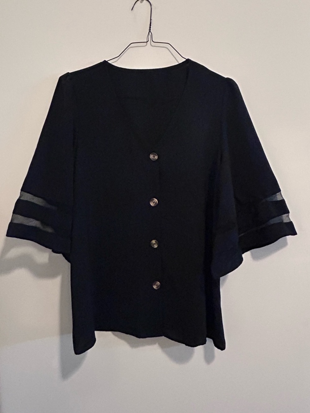 Black‎ Button-Front Women’s Top with Sheer Sleeve Stripes